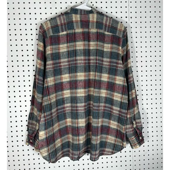 Chaps Plaid button down Henley linen blend top - Picture 2 of 7